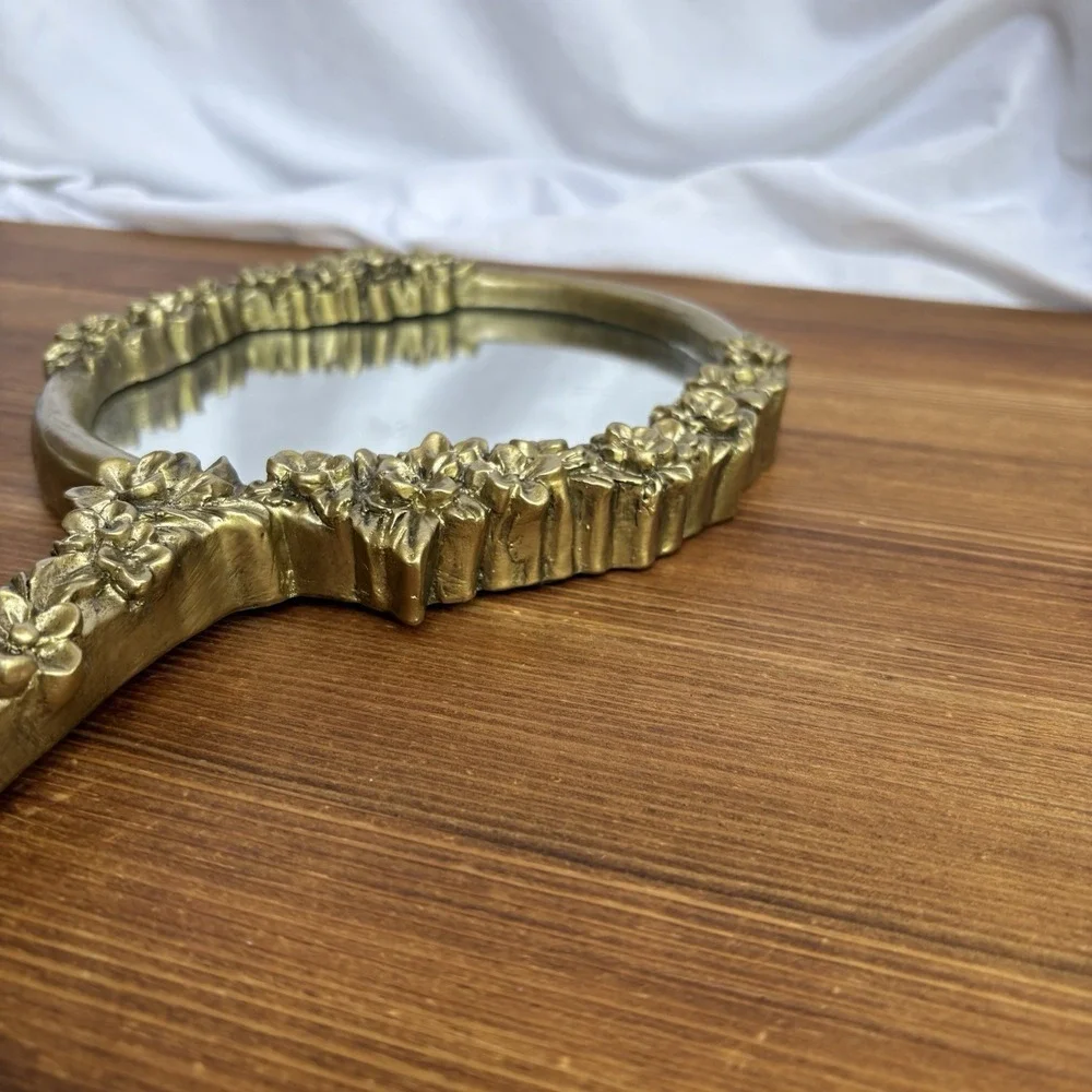 Vintage Ornate Floral Hand Mirror Silver Tone Cast Resin Vanity Mirror 12.5 Inch